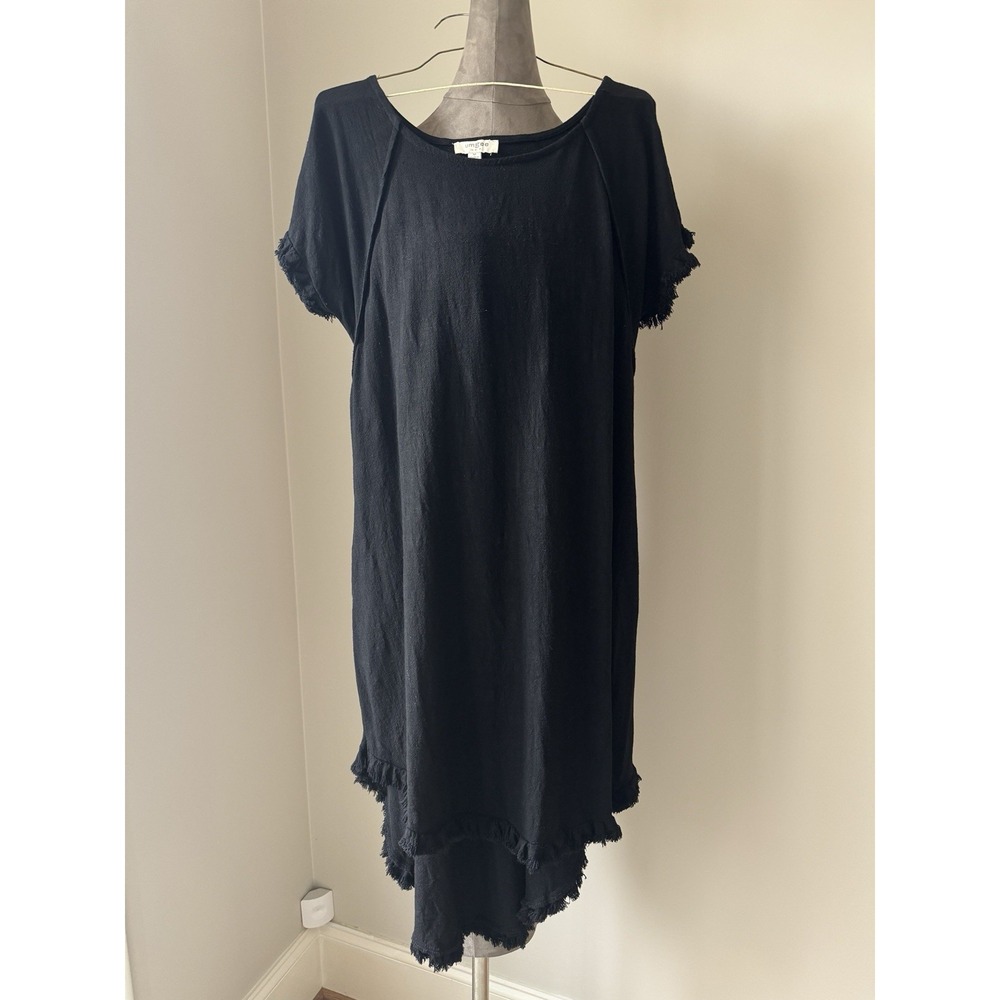 Black Linen-like Short Sleeve Ùmgee Dress Medium With Fringed Hem And Sleeves
